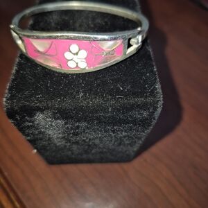 Silver Floral Pink Enamel Bangle Bracelet